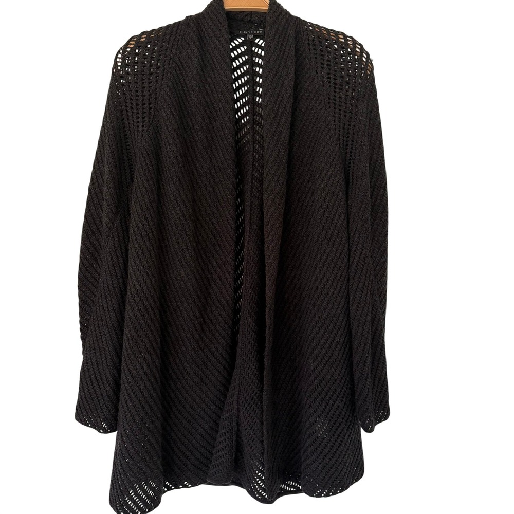 Eileen Fisher Black Merino Wool Open Knit Mesh Cardigan Sweater Womens S